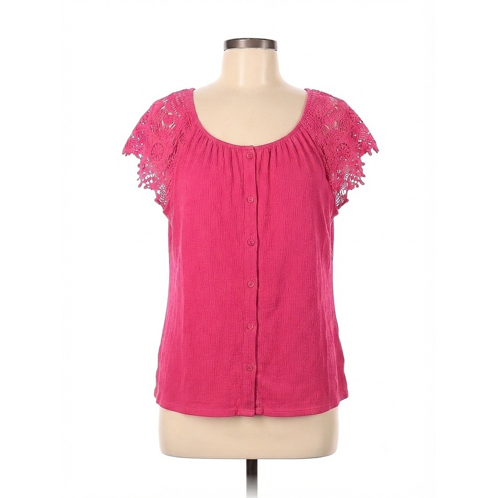 Signature Studio Womens Magenta Pink Crochet Lace Sleeve Button Front Top Large